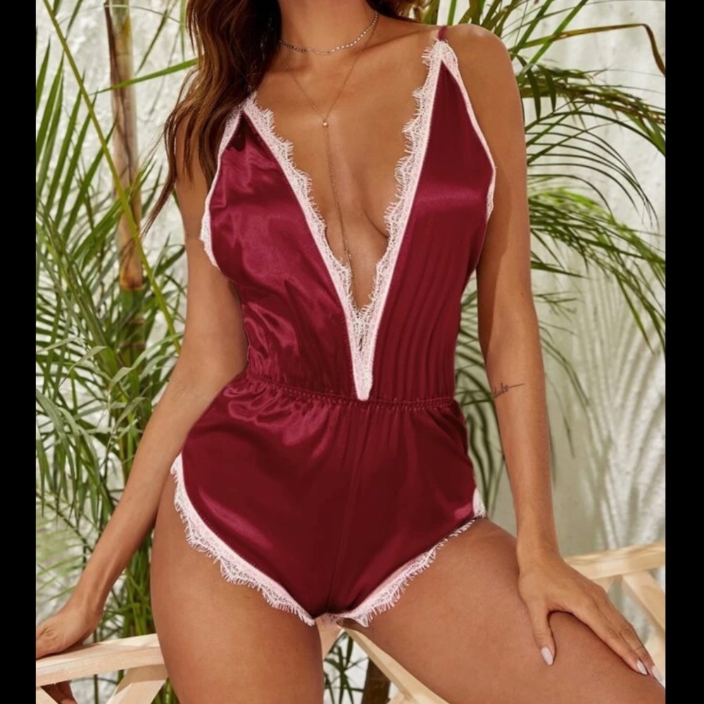 New - Deep Red, Satin, Lingerie Bodysuit